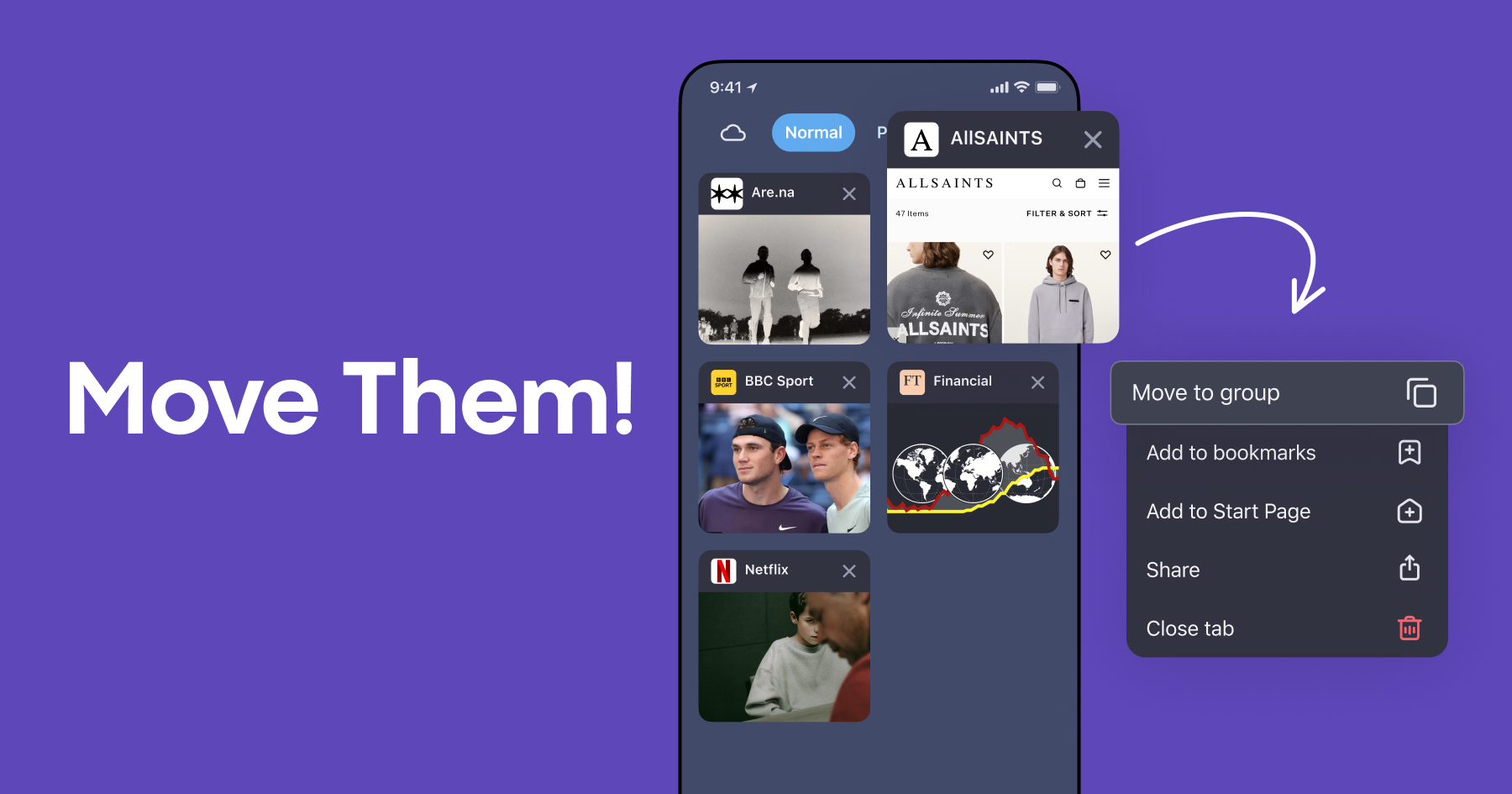 Dragging a browser tab to group it with another tab in Aloha Browser for iOS