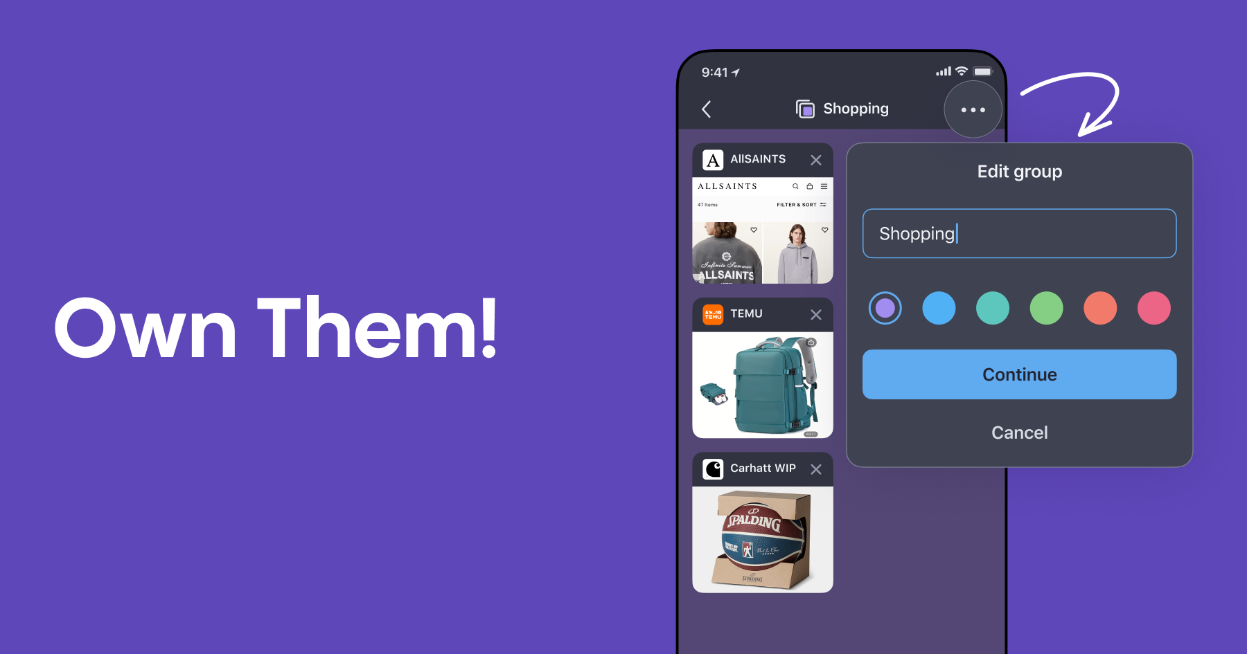 Customizing a tab group in Aloha Browser for iOS with a name and color label