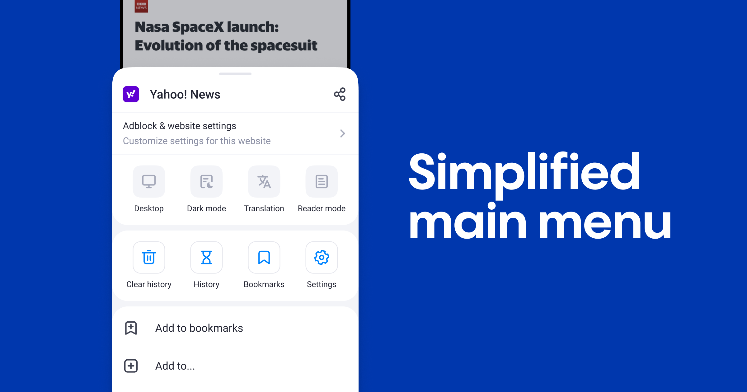 The main menu in Aloha Browser for Android is now simple
