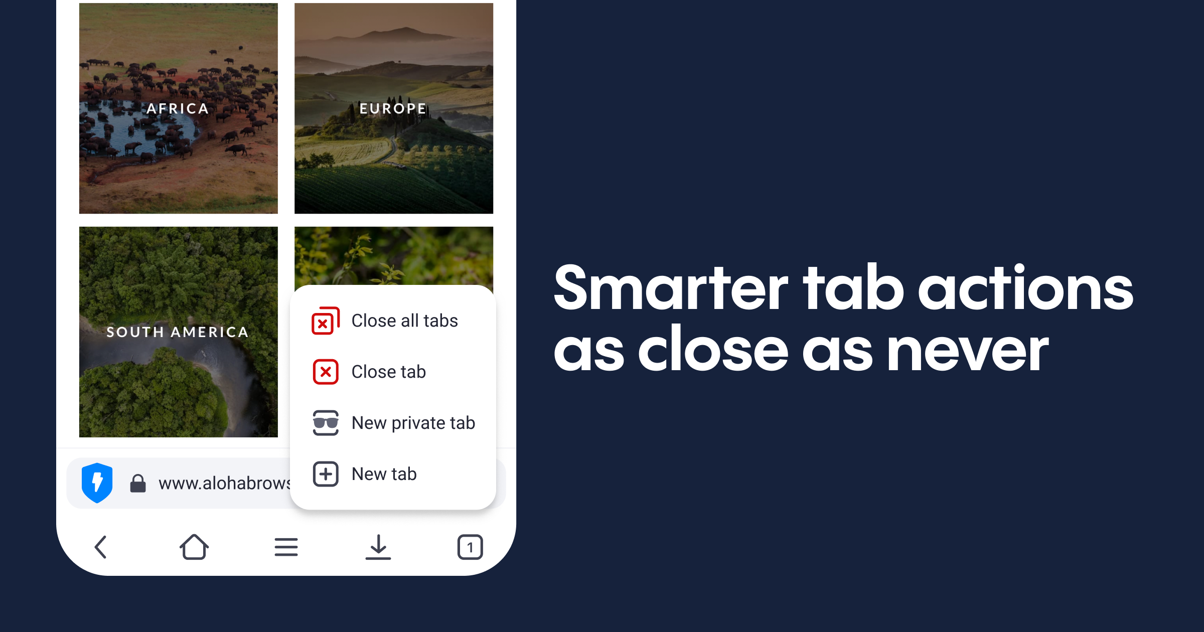Smart tabs actions in Aloha Browser for Android