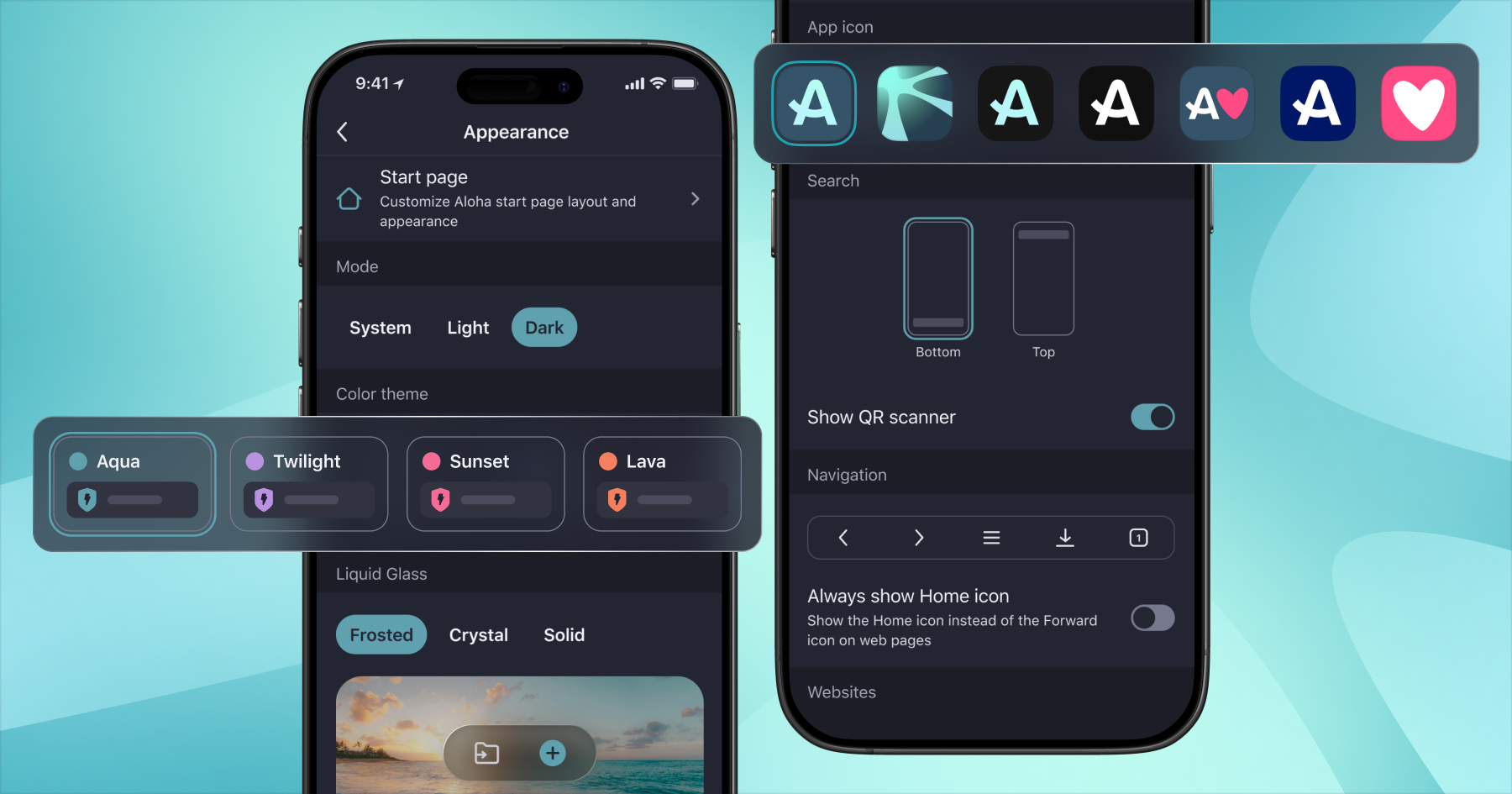 The image shows the list of themes available for Aloha Browser on iOS and Android