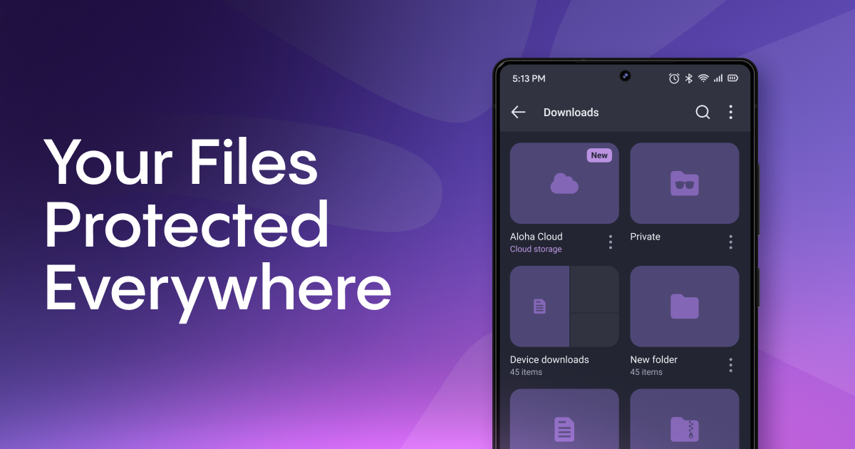 Aloha Files screen on a phone showing a new Aloha Cloud folder beside Private and Device downloads folders.