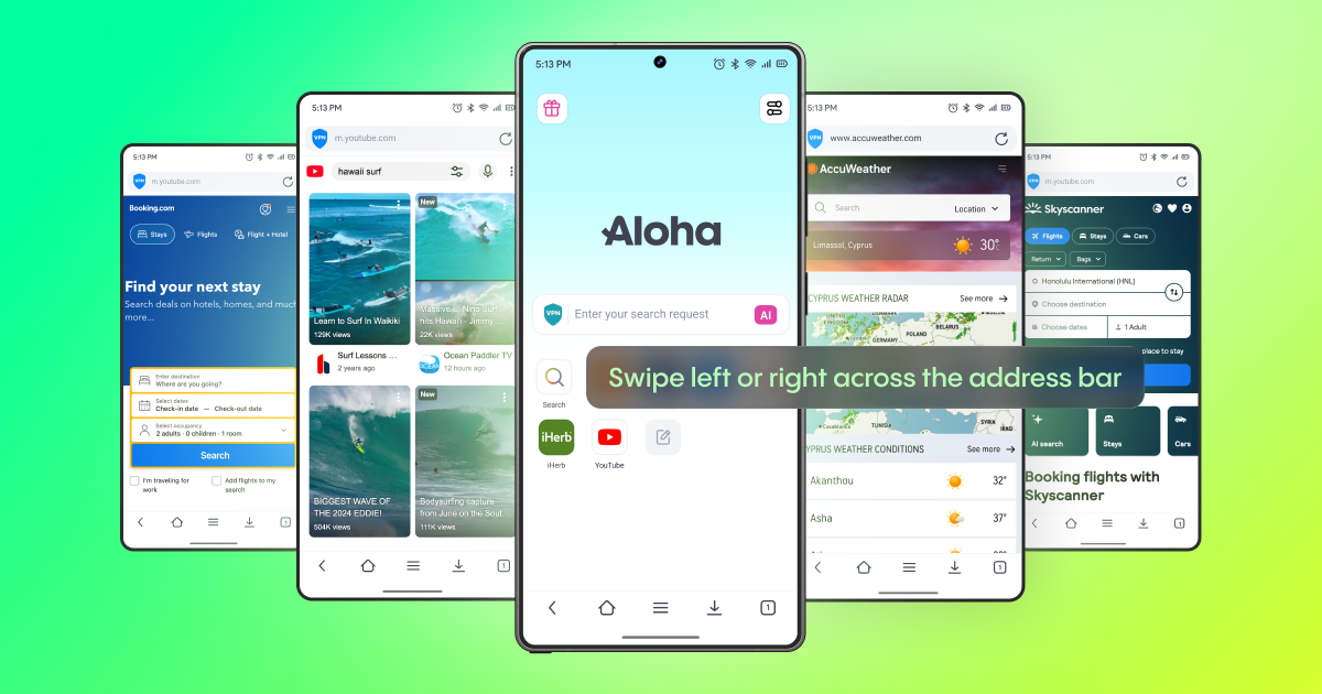 Five Aloha Browser screens arranged around the Start page, with a prompt to swipe left or right across the address bar.