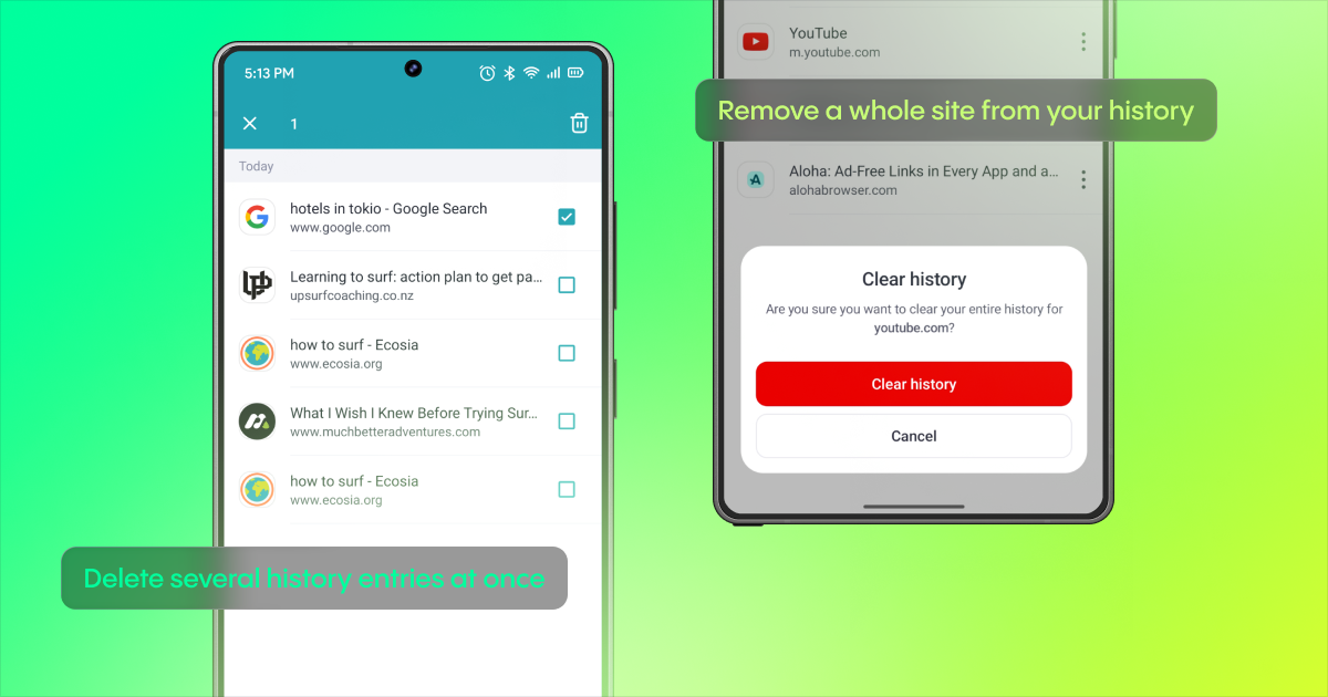 Aloha history selection mode with one entry selected, alongside a Clear history confirmation to remove all visits to YouTube.