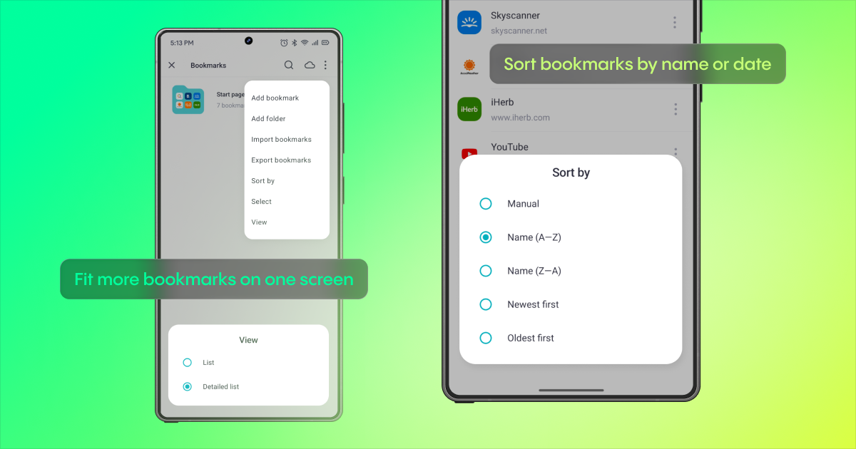Aloha Bookmarks screen showing List and Detailed list view options alongside Manual, name, newest-first, and oldest-first sorting choices.