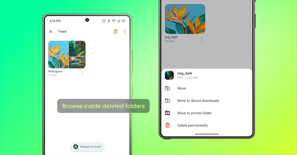 A deleted Wallpapers folder in Aloha's Trash, alongside the actions available for an individual image inside that folder.