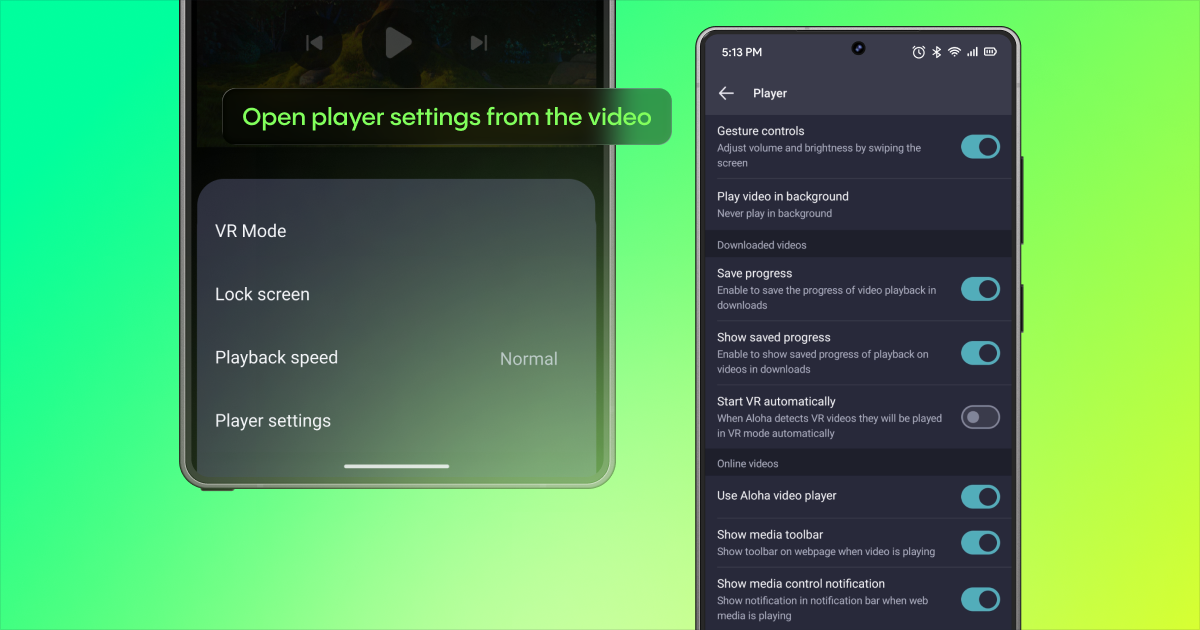 Aloha video menu with Player settings beside the full settings screen for gesture controls and background playback.