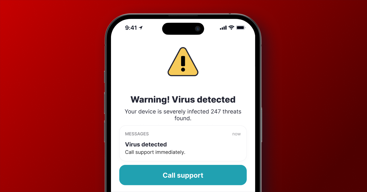 iPhone showing a fake virus warning page with an invented threat count, a fake Messages alert, and a Call support button.