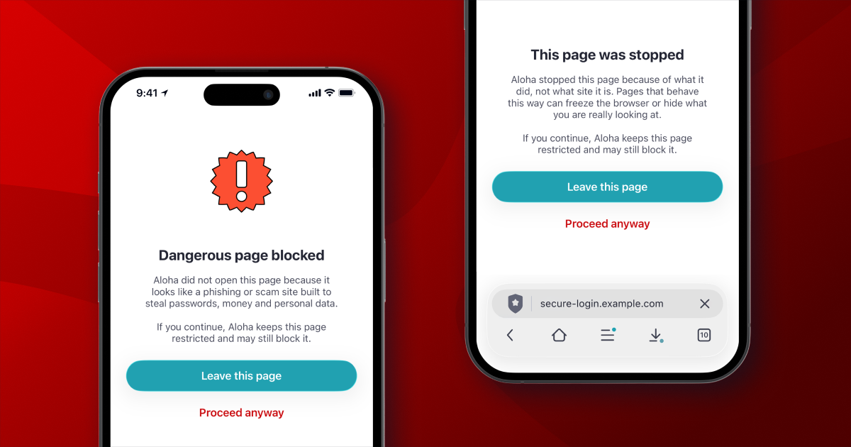 Two Aloha for iOS block screens, Dangerous page blocked and This page was stopped, each offering Leave this page or Proceed anyway.