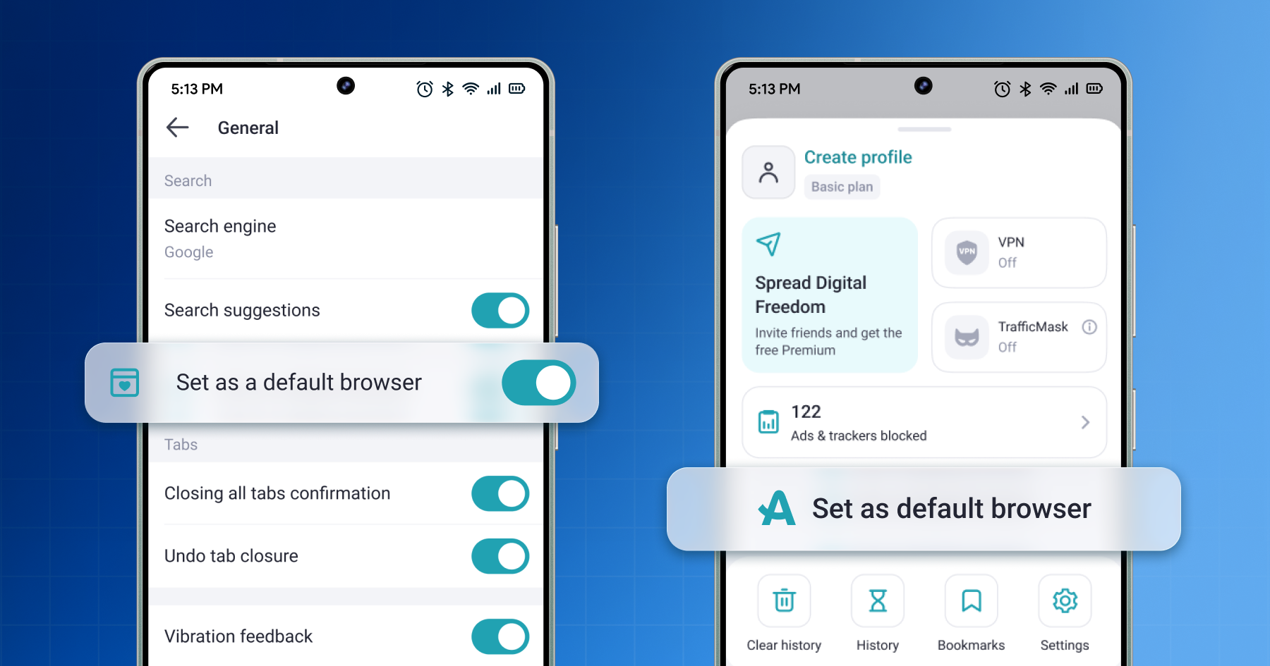 Two Aloha for Android screens showing the Set as default browser control, one in Settings under General and one on the Start page menu
