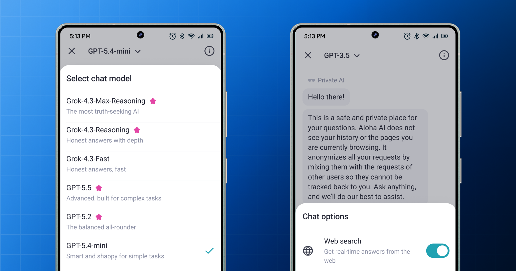 Two Aloha Private AI screens, one showing the Select chat model list and one showing the Web search toggle in Chat options