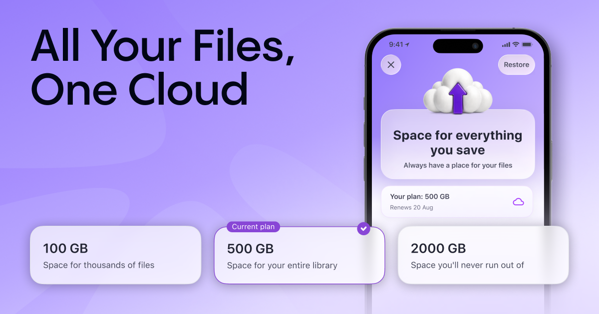 Aloha Browser Cloud plan screen with 100 GB, 500 GB and 2 TB storage options, 500 GB selected as the current plan