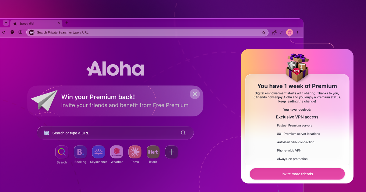 Free Premium reward screen shown to the inviter in Aloha Browser Desktop