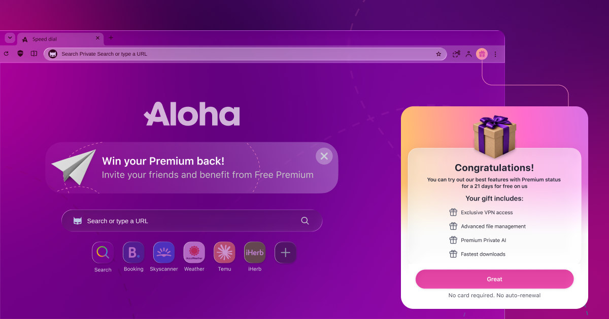 Free Premium gift screen for friends invited to Aloha Browser Desktop