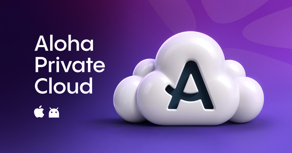 Aloha Private Cloud logo: a glossy white 3D cloud with the Aloha "A", on purple, plus Apple and Android icons.