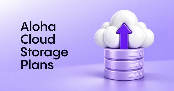 Aloha Cloud Storage Plans: a white 3D cloud with a purple upload arrow sitting on a stack of servers