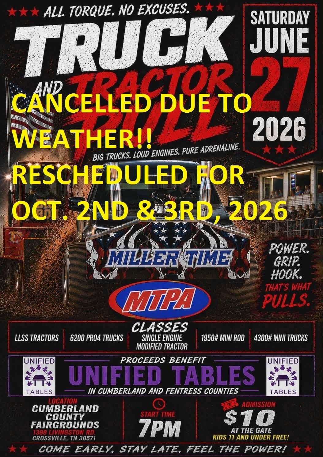 CANCELLATION! Truck & Tractor Pull Cancelled for Sat., June 27, 2026 at Cumberland County Community Complex!