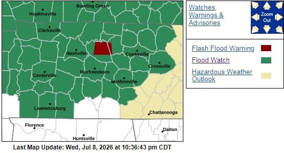 FLOOD WATCH REMAINS IN EFFECT FOR MIDDLE TN FROM THURSDAY AFTERNOON THROUGH SUNDAY AFTERNOON, 7/9/26 – 7/12/26
