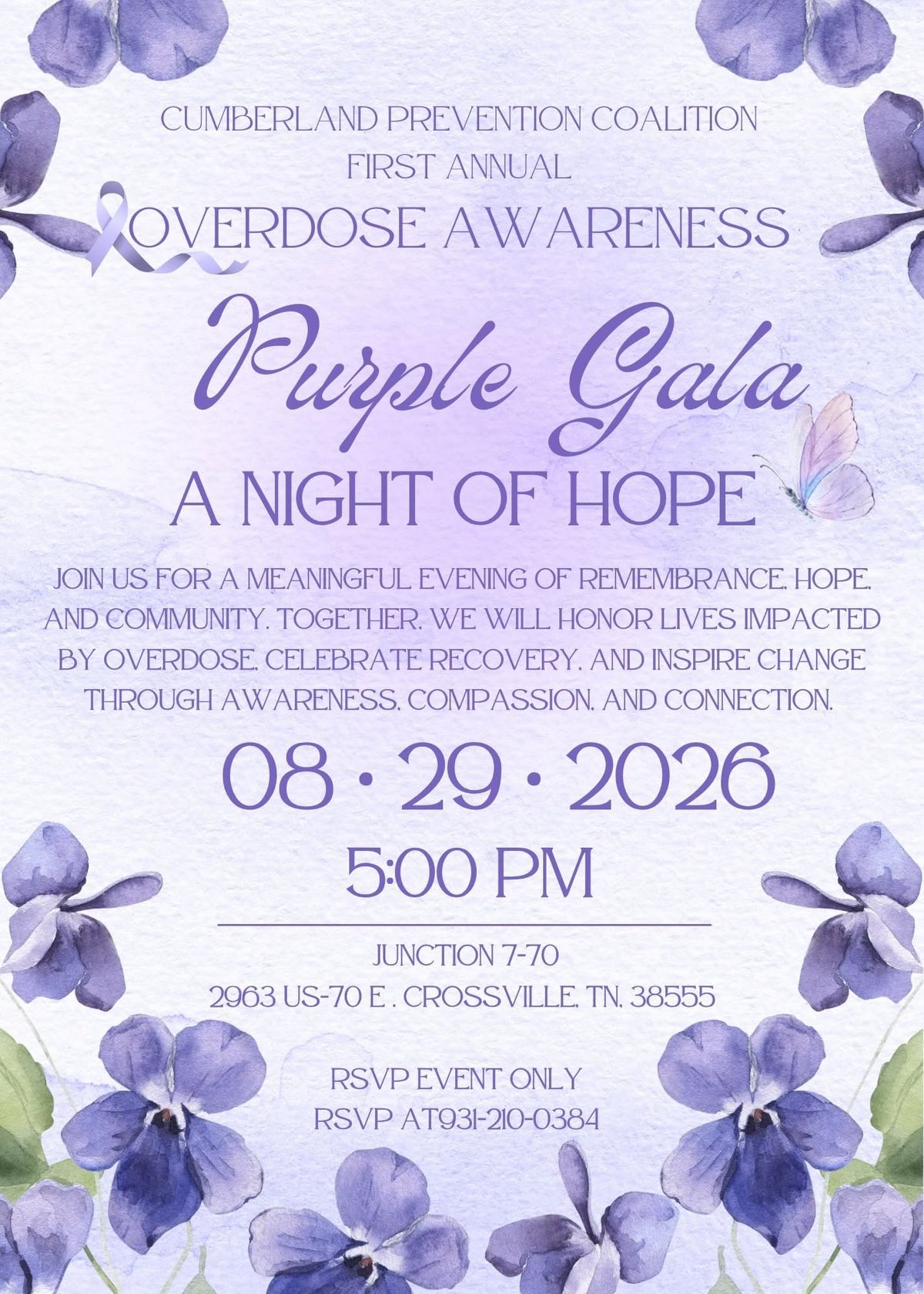 RSVP for Cumberland Prevention Coalition FREE “Purple Gala” Saturday, August 29th