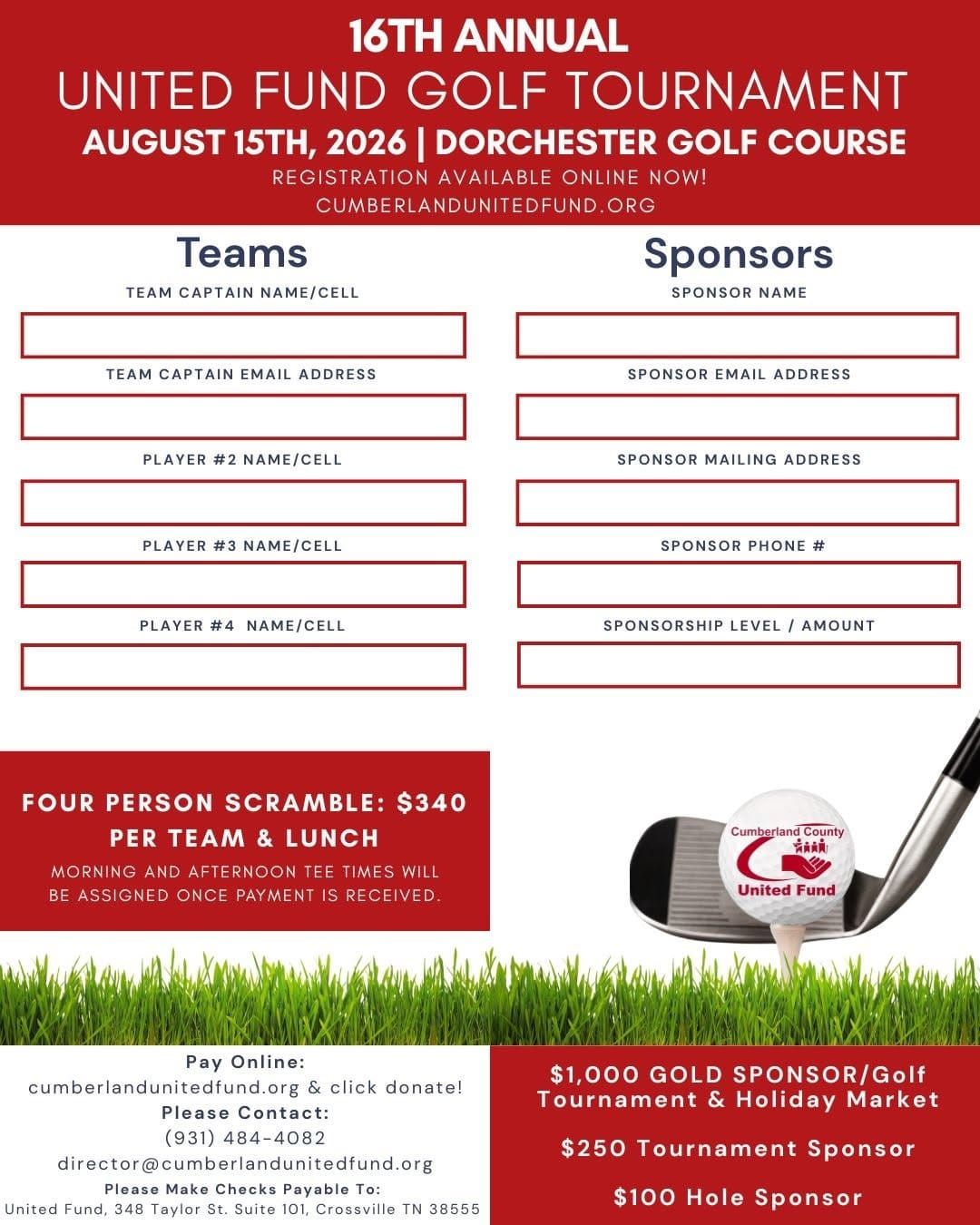16th Annual Cumberland County United Fund Golf Tourney is Saturday, August 15, 2026