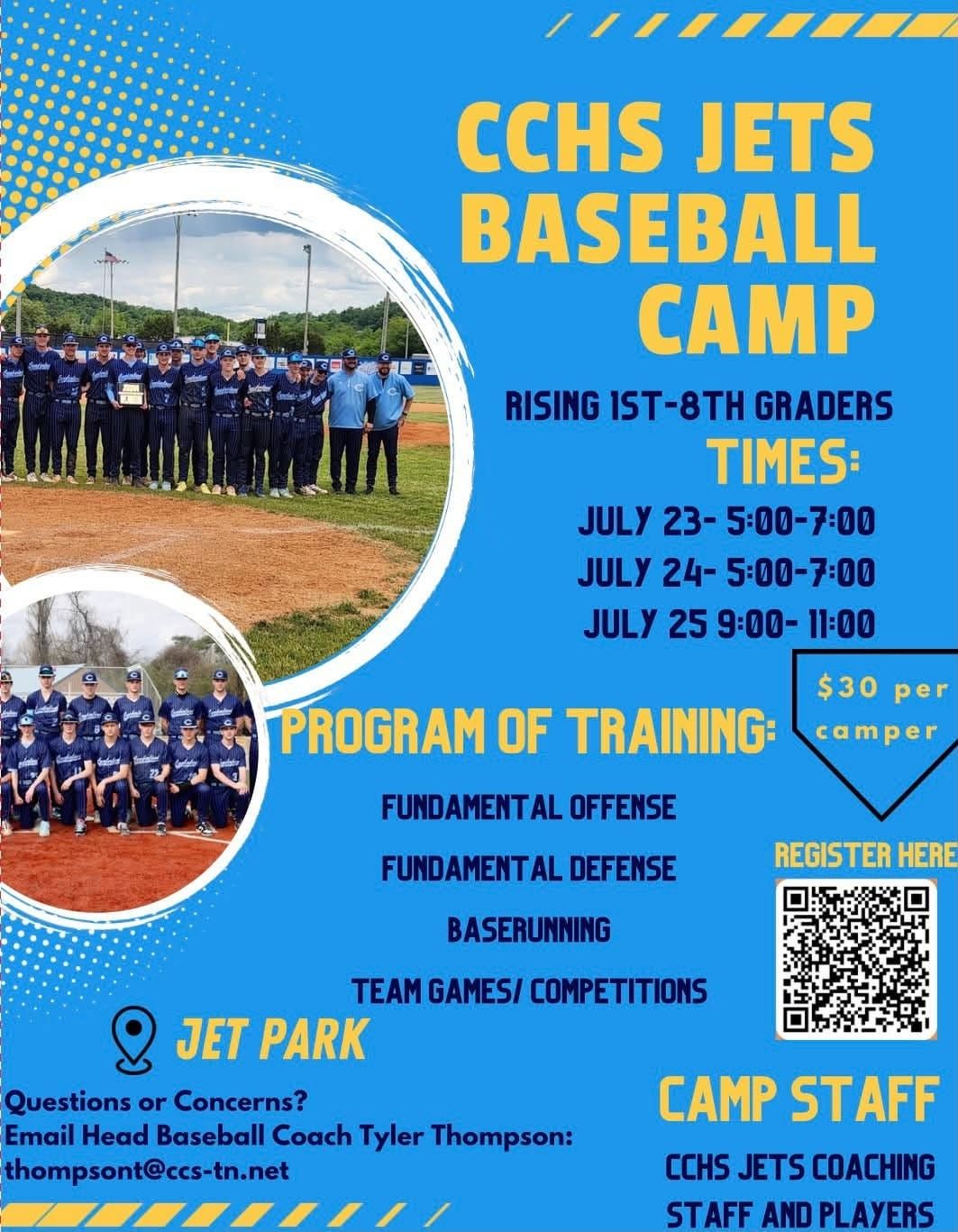 Register Now for CCHS Jets Baseball Camp July 23rd-25th