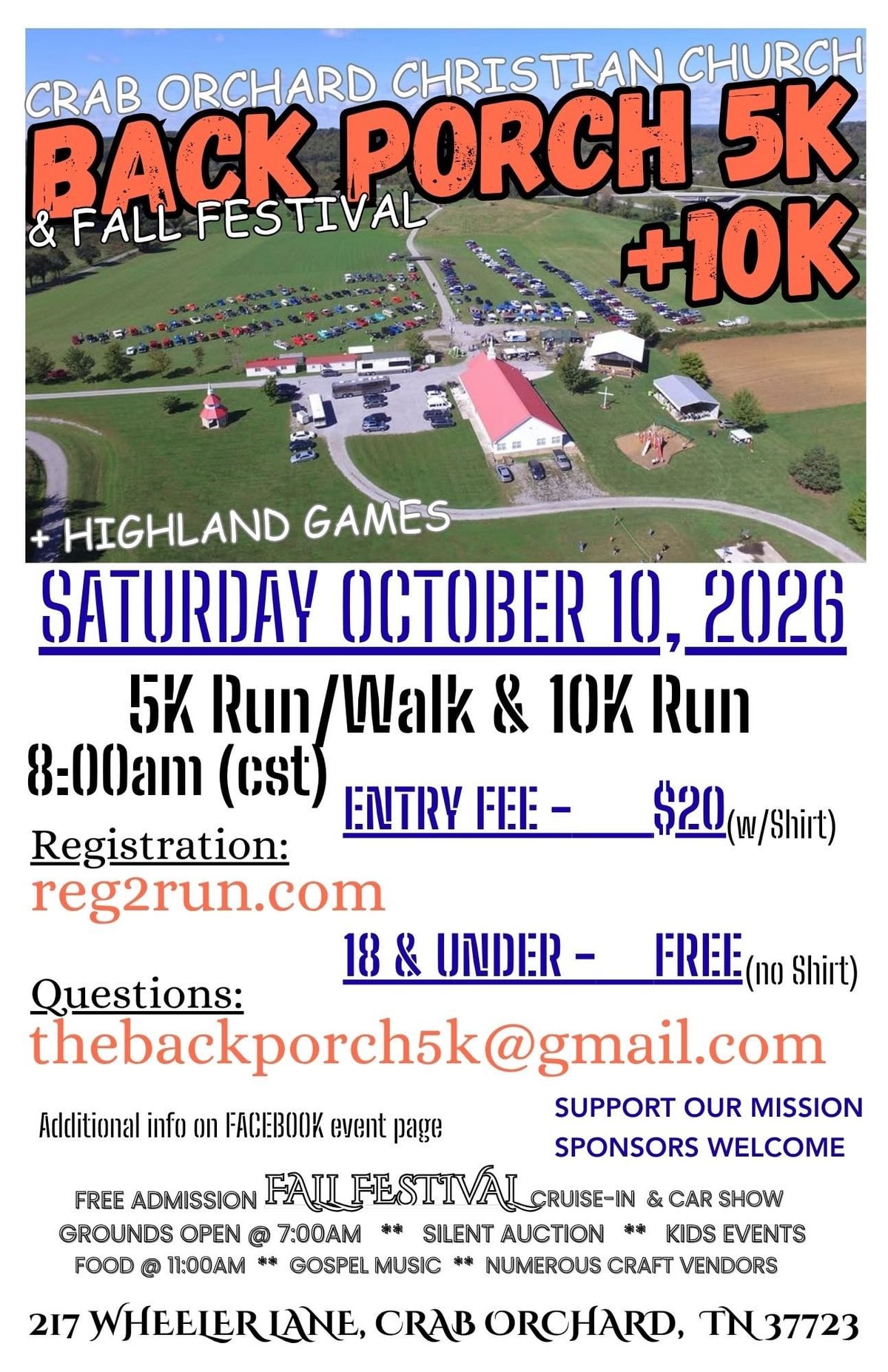 Crab Orchard Christian Church Back Porch 5K/10K & Fall Festival October 10, 2026