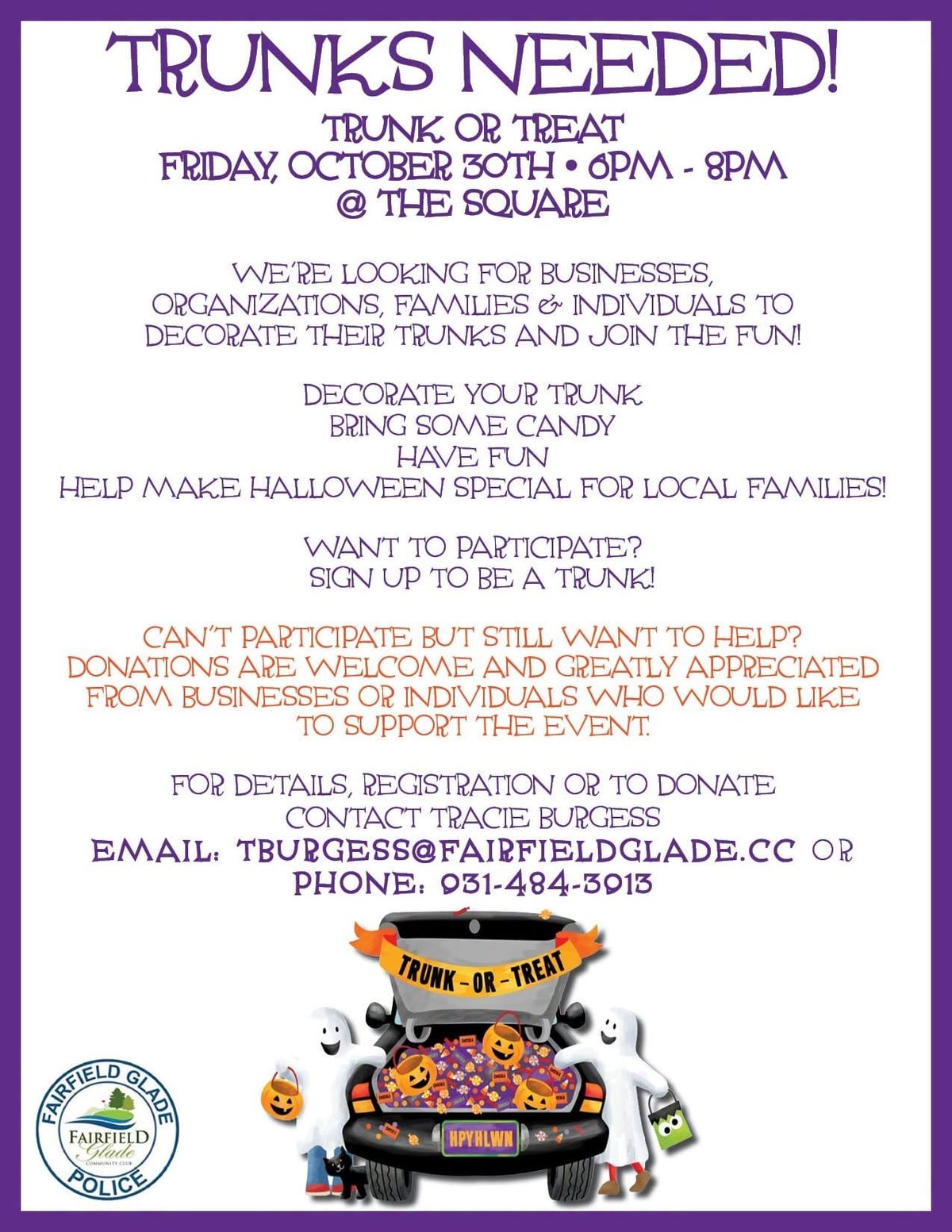 Trunks Needed for Fairfield Glade Trunk or Treat on Friday, October 30th