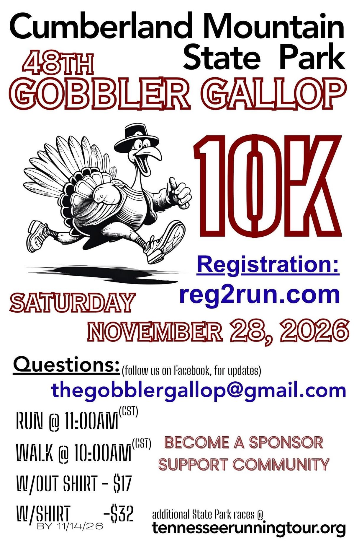 Register Now for 48th Gobbler Gallop,Sat.,Nov. 28, at Cumberland Mountain State Park