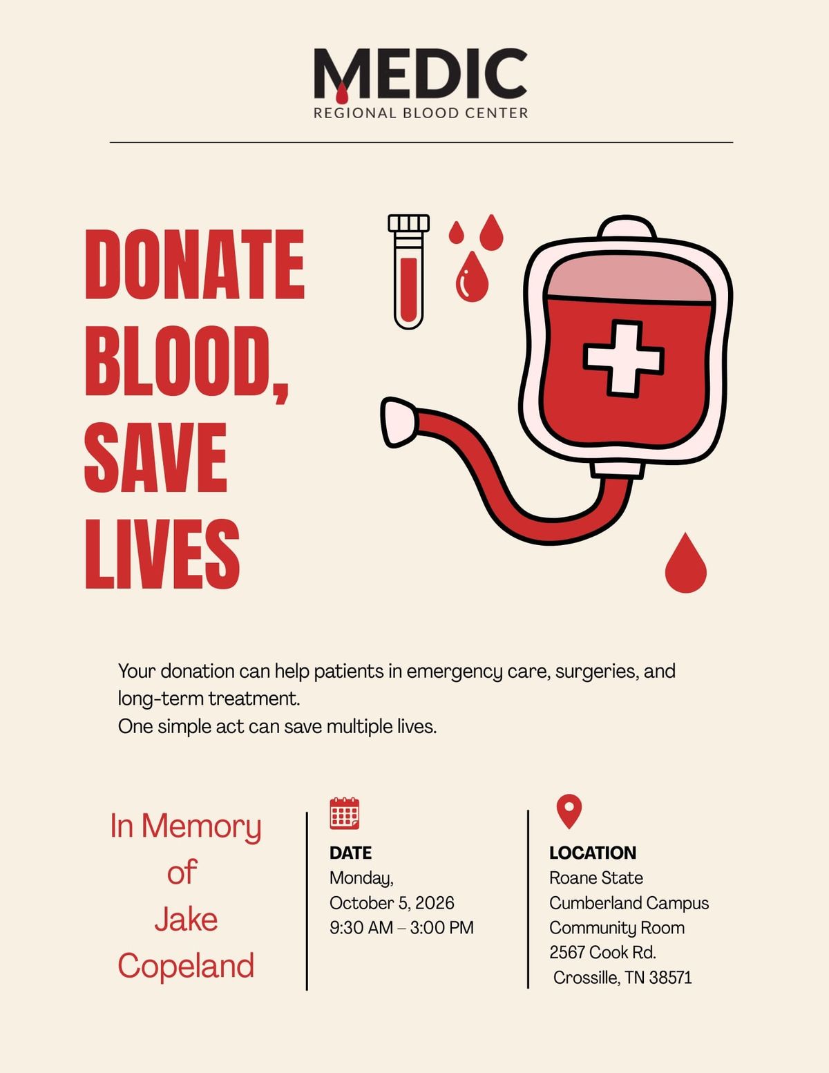 Jake Copeland Memorial Blood Drive Monday, October 5 at Roane State Cumberland Campus
