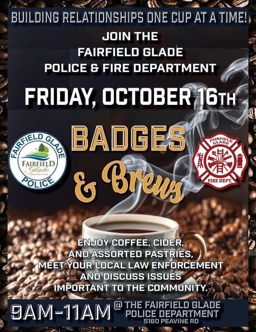 Fairfield Glade PD and Fire Department “Badges & Brews” Friday, October 16th