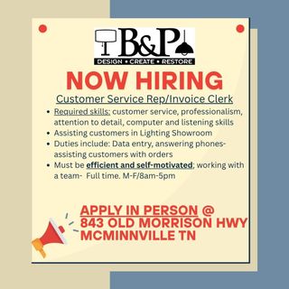 Hiring: Customer Service Rep/Invoice Clerk