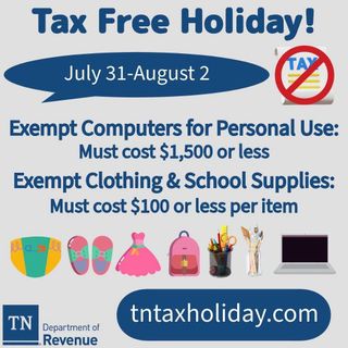 Tennessee’s Sales Tax Holiday July 31 – August 2