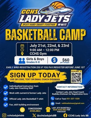 Lady Jets Basketball Camp for Boys and Girls Grades K-8, July 21-23