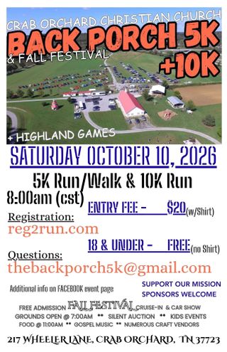 Crab Orchard Christian Church Back Porch 5K/10K & Fall Festival October 10, 2026
