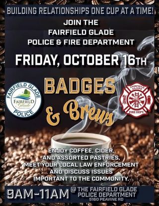 Fairfield Glade PD and Fire Department “Badges & Brews” Friday, October 16th