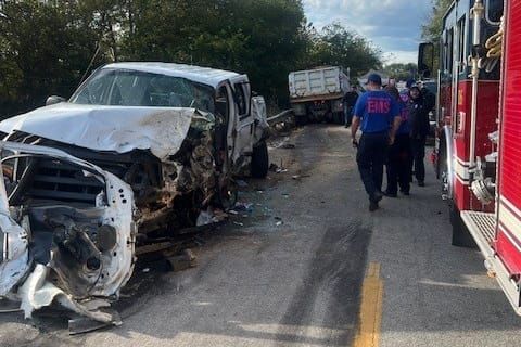 2 injured in head-on crash between pickup, dump truck
