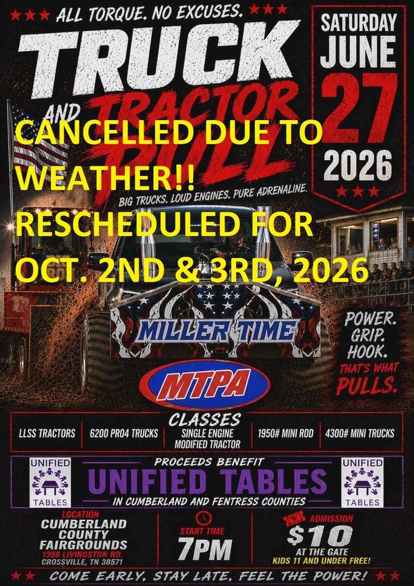 CANCELLATION! Truck & Tractor Pull Cancelled for Sat., June 27, 2026 at Cumberland County Community Complex!