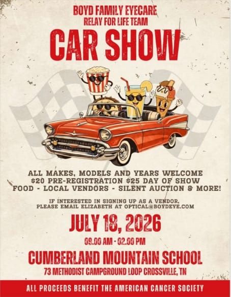 Register Now for Boyd Family Eyecare Relay For Life Team Car Show July 18 at Cumberland Mountain School