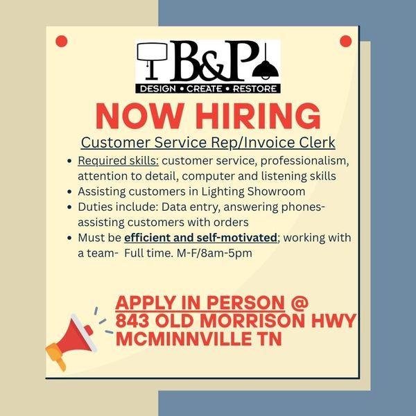 Hiring: Customer Service Rep/Invoice Clerk