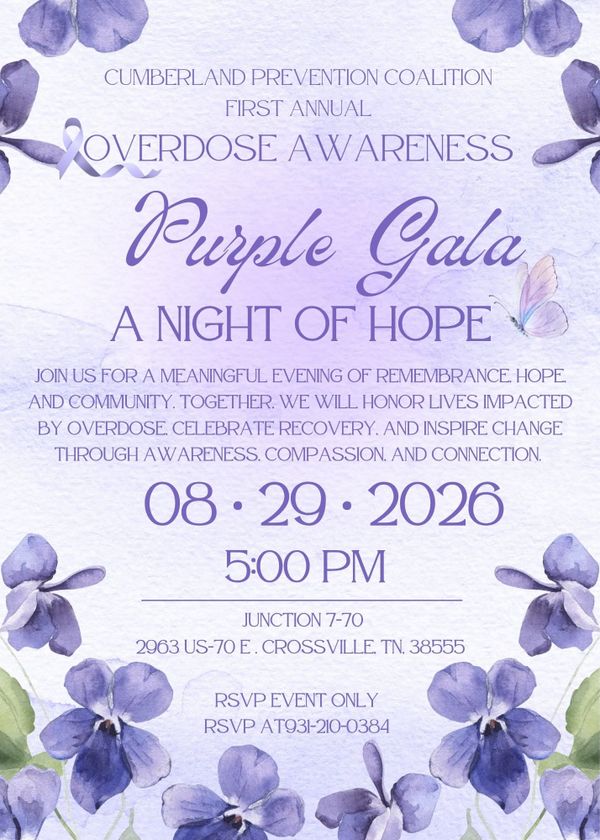 RSVP for Cumberland Prevention Coalition FREE “Purple Gala” Saturday, August 29th