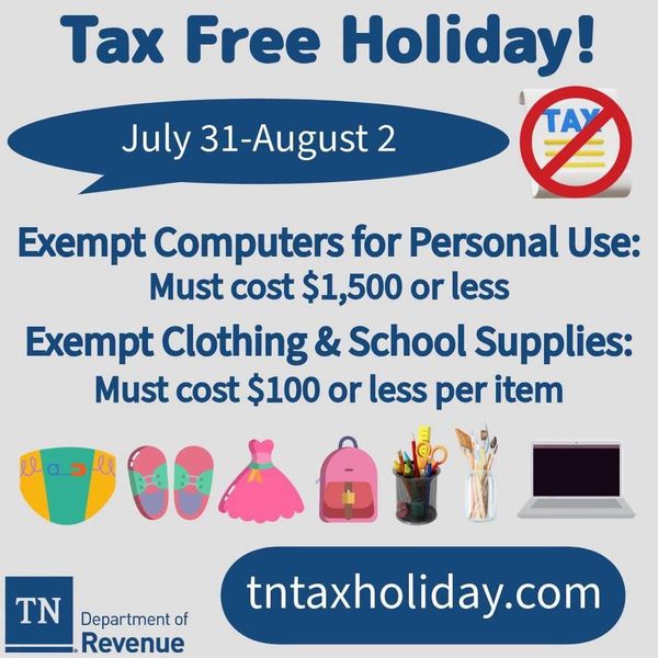 Tennessee’s Sales Tax Holiday July 31 – August 2