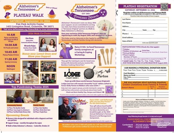 Register Now for Alzheimer’s Tennessee Plateau Walk, Saturday, September 12, 2026