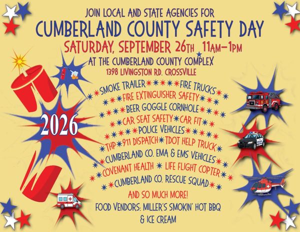 Cumberland County Safety Day Saturday, September 26, 11 a.m.  - 1 p.m. at the Community Complex