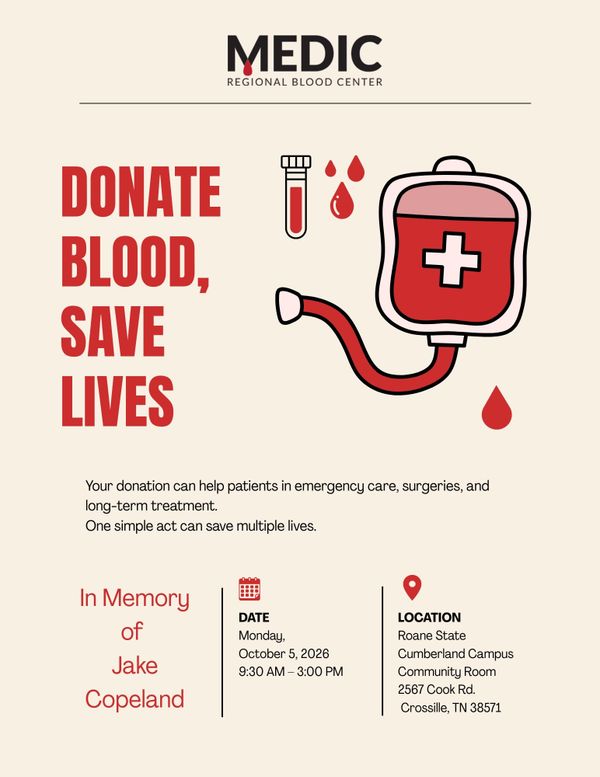 Jake Copeland Memorial Blood Drive Monday, October 5 at Roane State Cumberland Campus