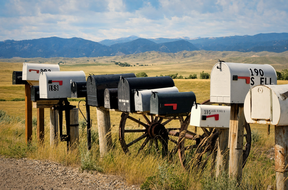 In color wester mailboxes with blue ridge mountains in the background. Field in background with black and white mailboxes in foreground. Western style mailboxes. Cowboy mail. Cowboy mailboxes