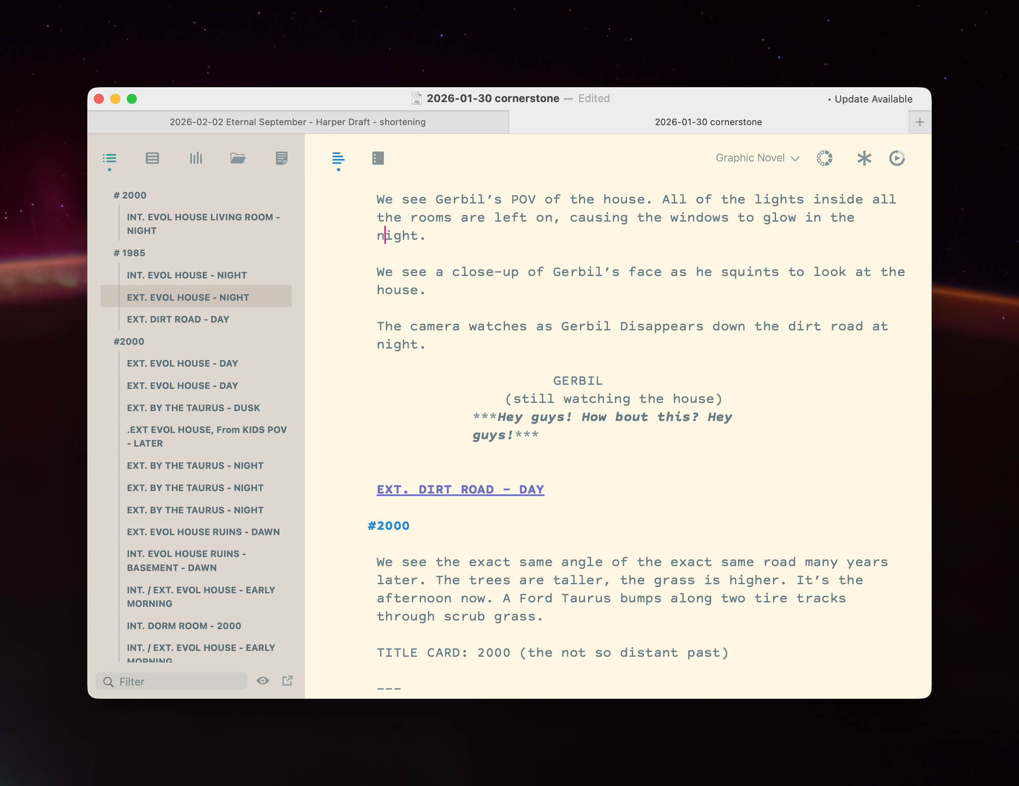 Screenshot of the Highland script editor showing a comic script written in plain text using Fountain. Scene headings and dialogue are visible, illustrating how scripts are authored without rich-text formatting.