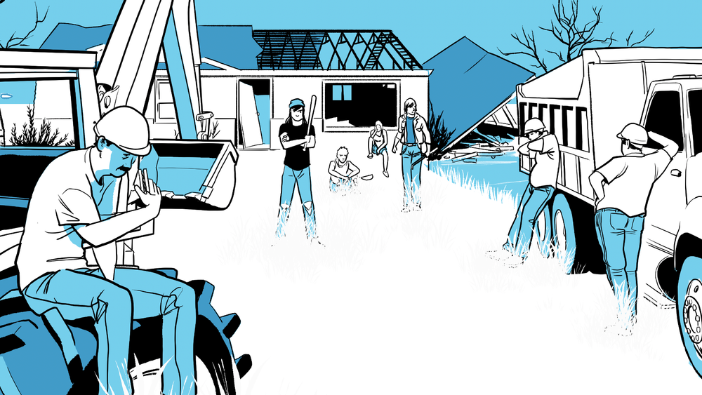 Blue-toned illustration: a demolition scene. A man sits on a backhoe; young people stand amid debris while workers in hard hats unload a dump truck.