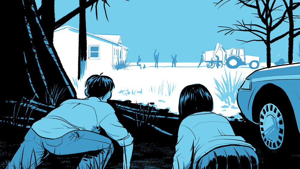 Blue-toned illustration: two teenagers crouch behind cover, watching silhouetted people celebrate near a house and a backhoe across an open field.
