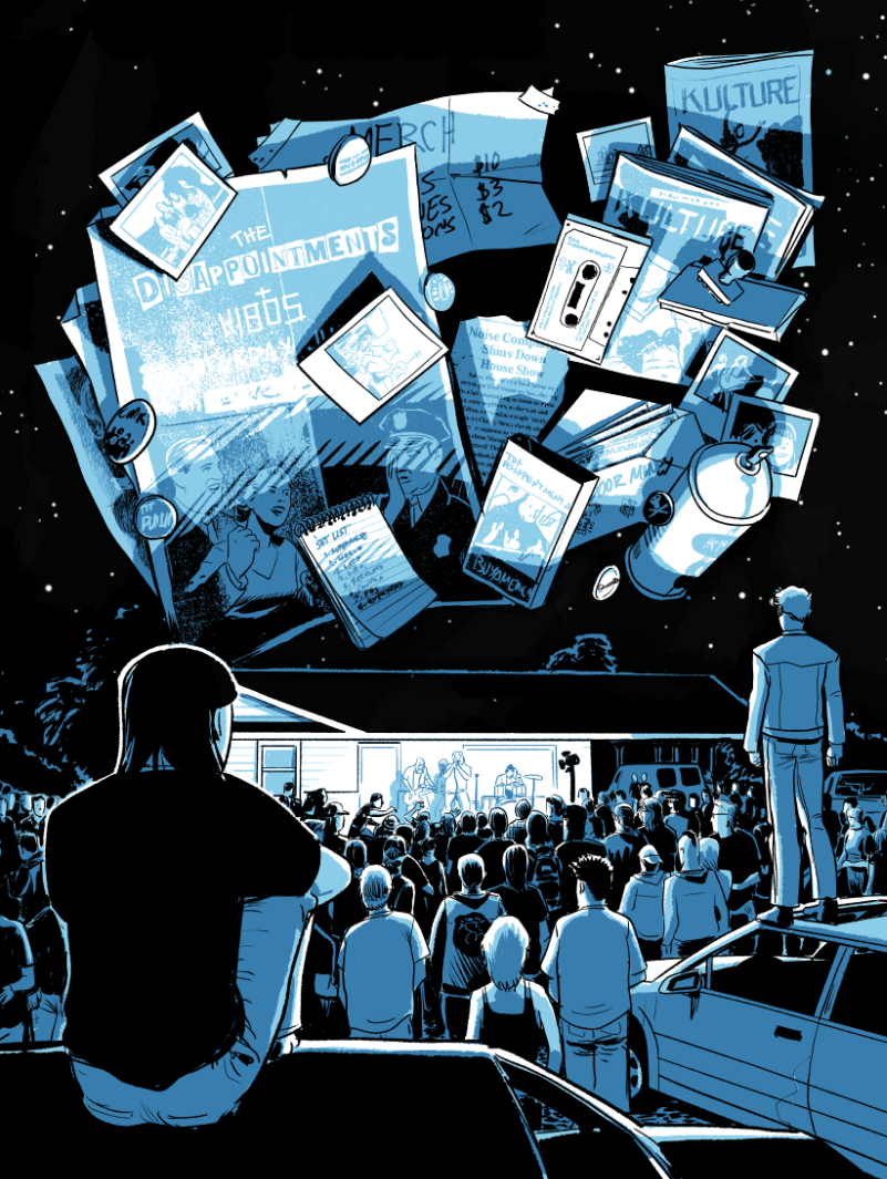 Blue-toned illustration: two hundreds of folks watch an outdoor punk house show night. Above them, zines, cassettes, flyers, and band merch swirl through a starry sky.
