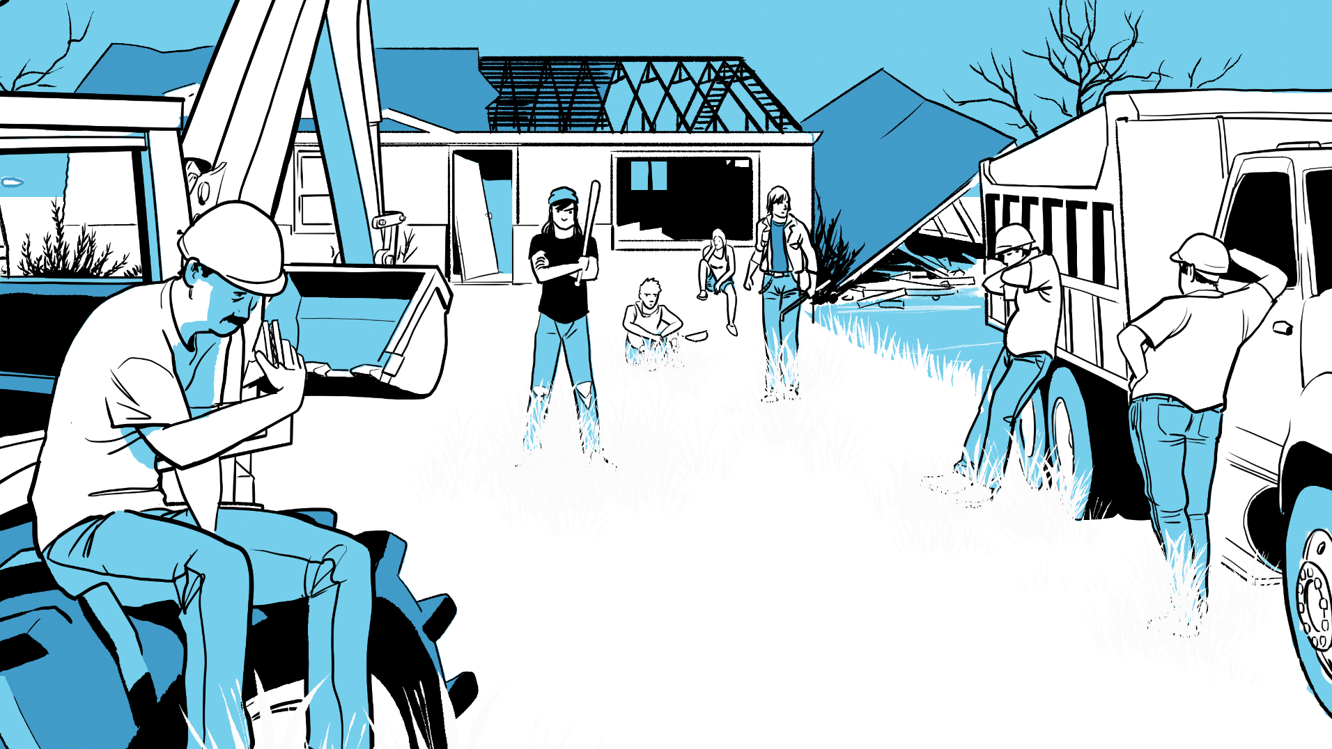Blue-toned illustration: a demolition scene. A man sits on a backhoe; young people stand amid debris while workers in hard hats unload a dump truck.